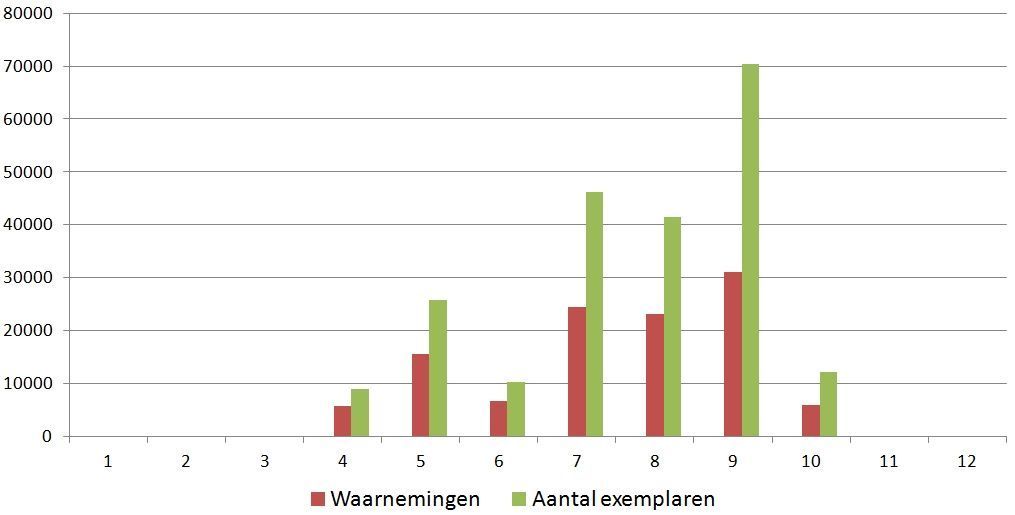 Waarnemingen en aantal exemplaren van kleine vuurvlinder per maand 2005-2014 (bron: NDFF)