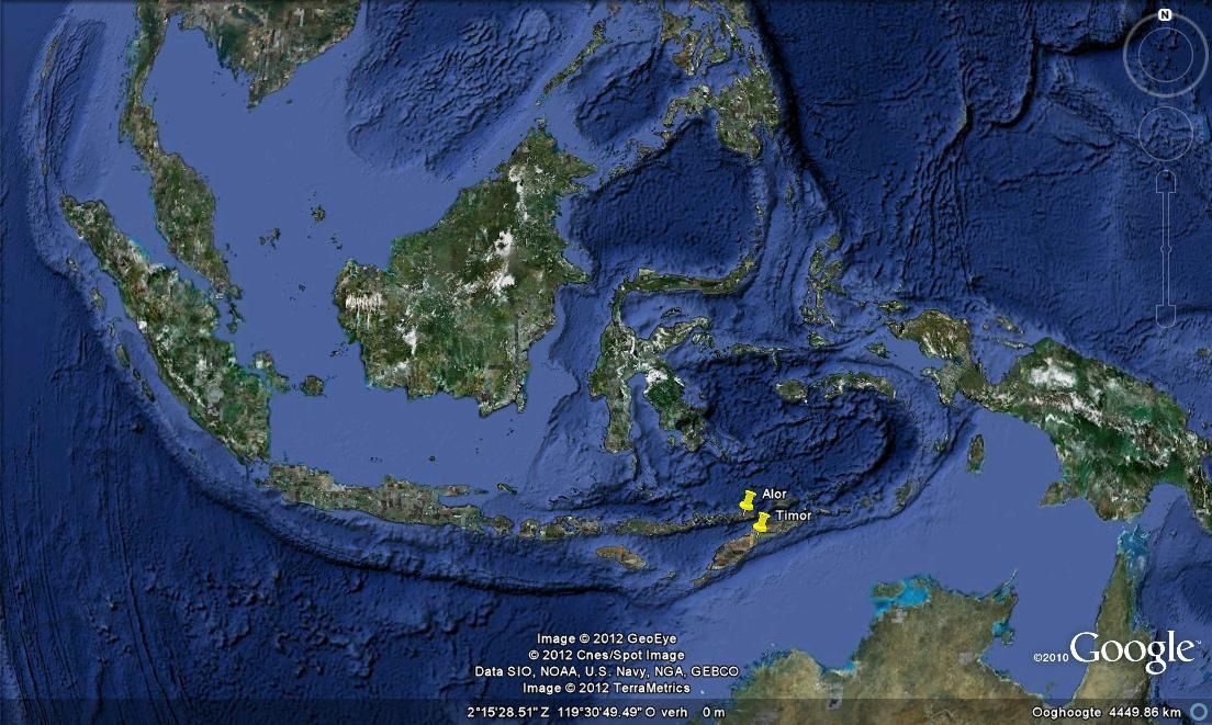 Alor en Timor zijn twee Indonesische eilanden ten noorden van Australië (Google maps)