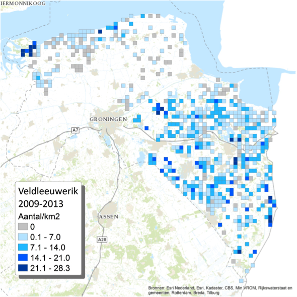 Minimumschatting van het aantal broedparen van de Veldleeuwerik per vierkante kilometer (kaart: Werkgroep Grauwe Kiekendief)