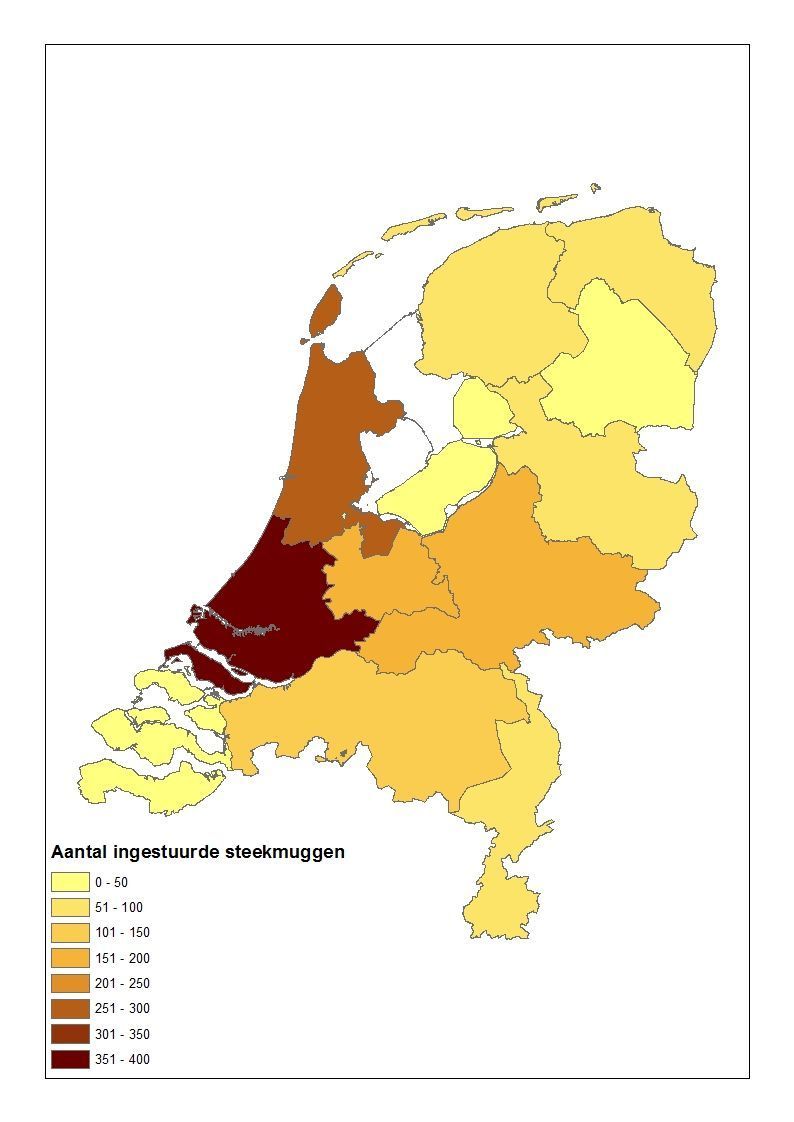 Aantal ingestuurde steekmuggen per provincie (bron: Muggenradar.nl, C. Vogels)