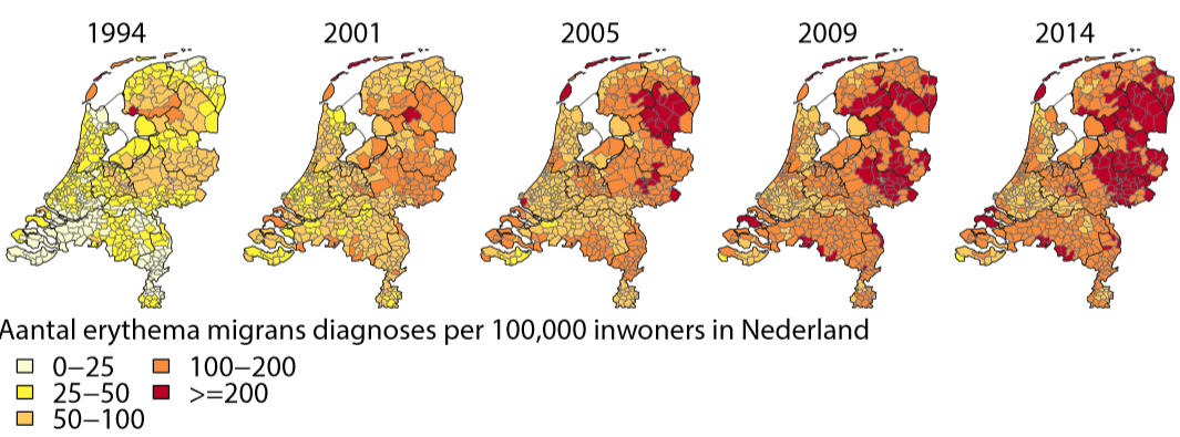 Verspreiding van huisartsconsulten voor erythema migrans (rode ring of vlek) in Nederland 1994-2014 (bron: RIVM)
