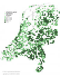 Dichtheid van grote bonte specht (voorlopig). Weergegeven is gemiddeld aantal territoria per kilometerhok per atlasblok (kaart: Sovon Vogelonderzoek Nederland)