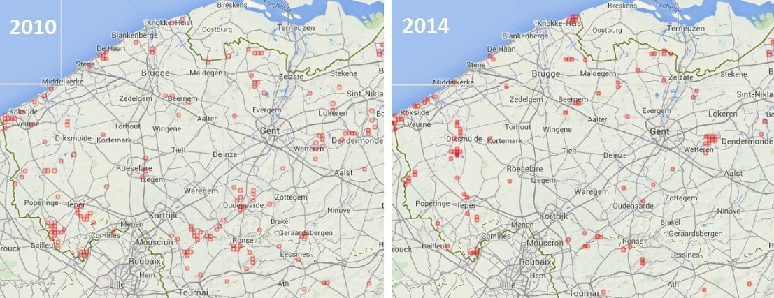 Waarnemingen van zomertortels in West- en Oost-Vlaanderen in de broedmaanden juni-juli, links in 2010, rechts in 2014. In grote delen van Vlaanderen is de populatie op enkele jaren tijd sterk verder uitgedund (Bron: www.waarnemingen.be)